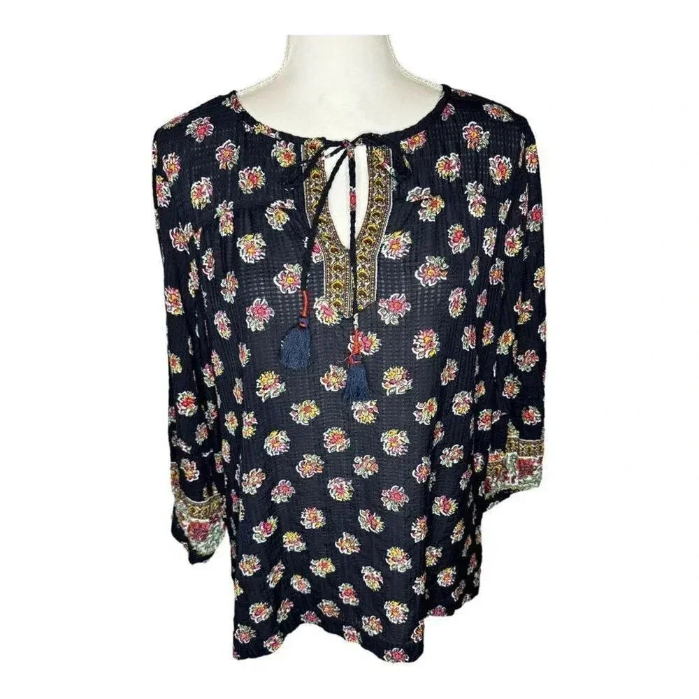 LOFT Women’s Medium Navy Boho Print Tie Neck Top